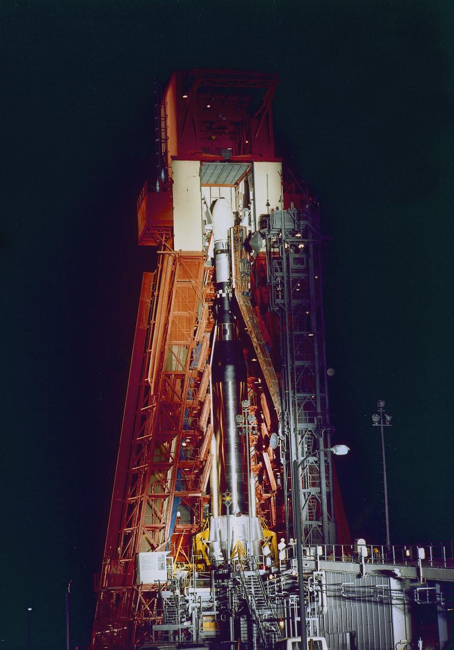 The Atlas/Agena launch vehicle carrying The Mariner-V spacecraft on launch pad on June 14, 1967. The Marina V mission was to explore the planet Venus.