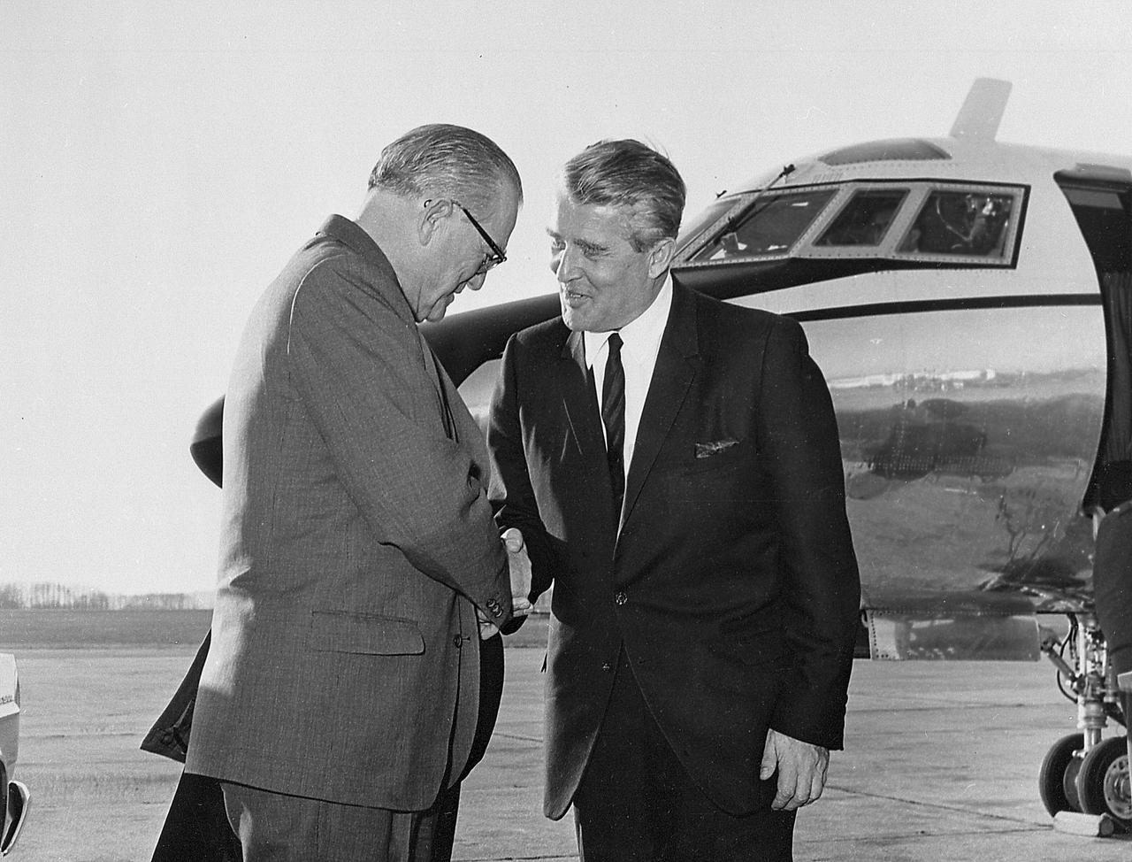 U.S. Senator from Mississippi, John Stennis (left) visited the Marshall Space Flight Center (MSFC) in mid-November 1967, where he was greeted at the Redstone Airfield by Center Director Dr. Wernher von Braun (right). During his visit to MSFC, Senator Stennis was given a tour and briefed on MSFC programs.