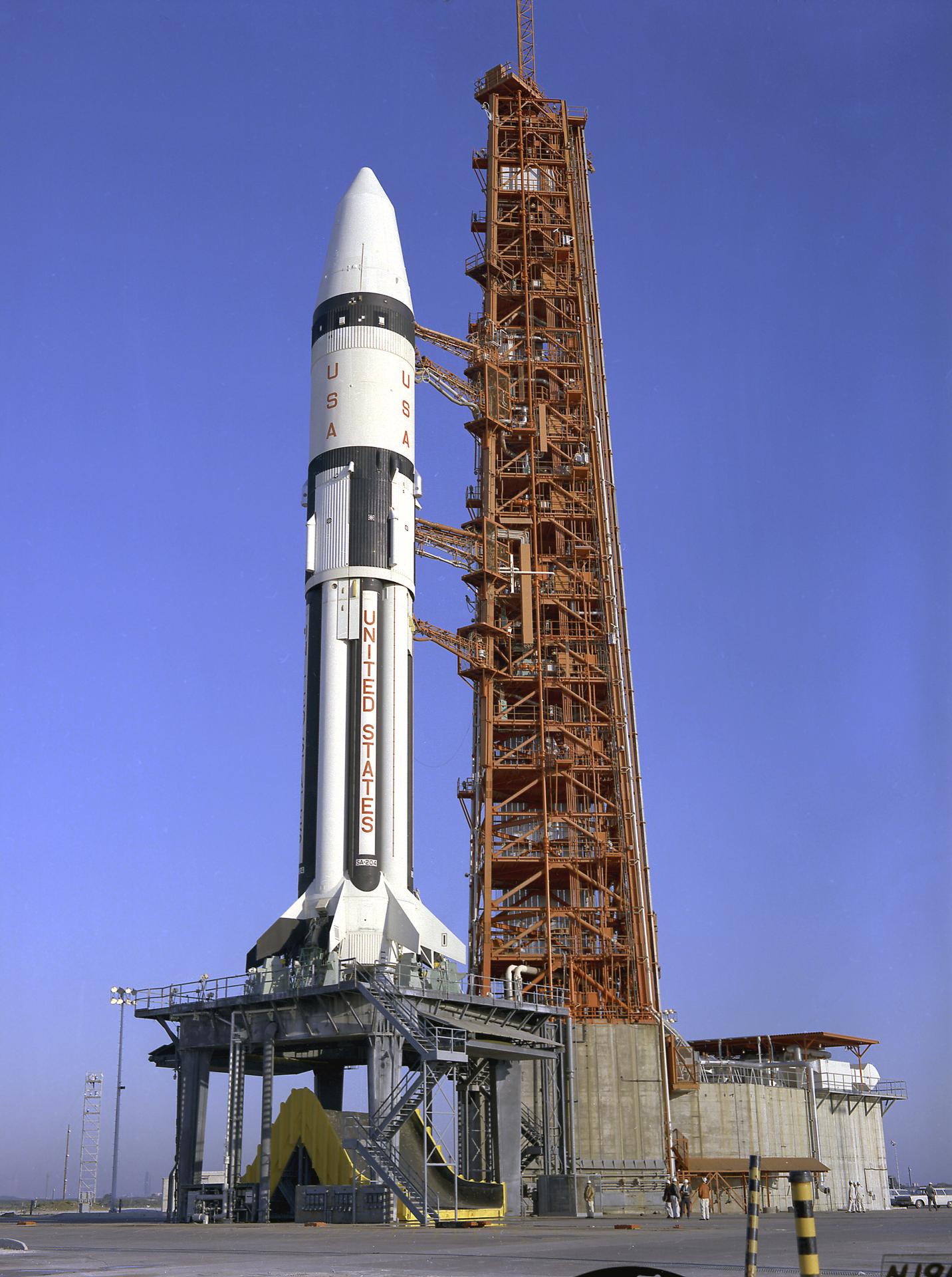 The Apollo 5 rocket on the launchpad prior to flight