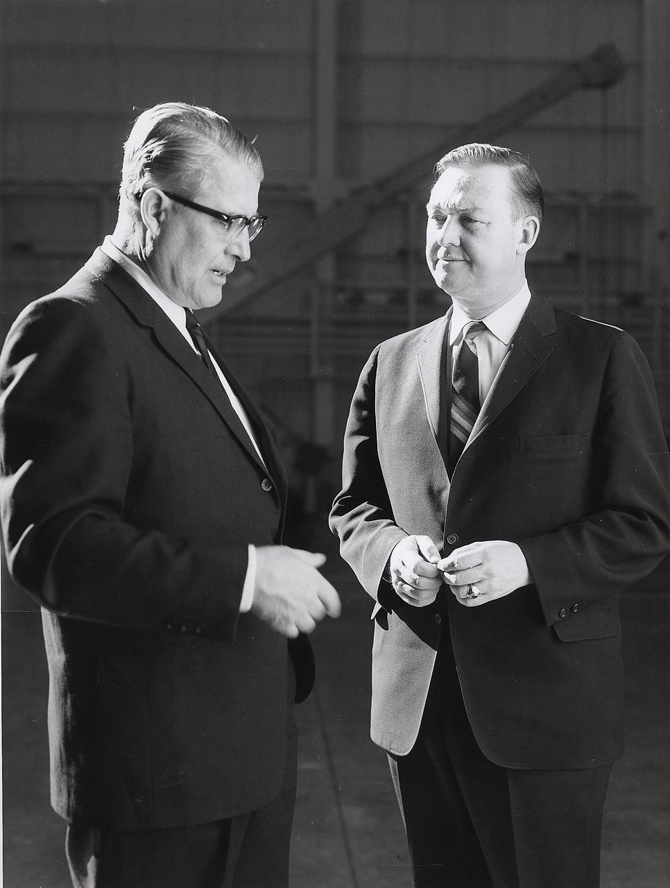 This photograph is dated March 2, 1968. Dr. von Braun is shown talking with U.S. Representative Armistead Selden of Alabama.