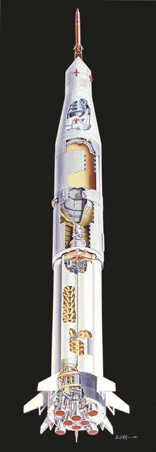 This undated cutaway drawing illustrates the Saturn IB launch vehicle with its two booster stages, the S-IB and S-IVB. Developed by the Marshall Space Flight Center (MSFC) as an interim vehicle in MSFC's "building block" approach to the Saturn rocket development, the Saturn IB utilized Saturn I technology to further develop and refine the larger boosters and the Apollo spacecraft capabilities required for the marned lunar missions.
