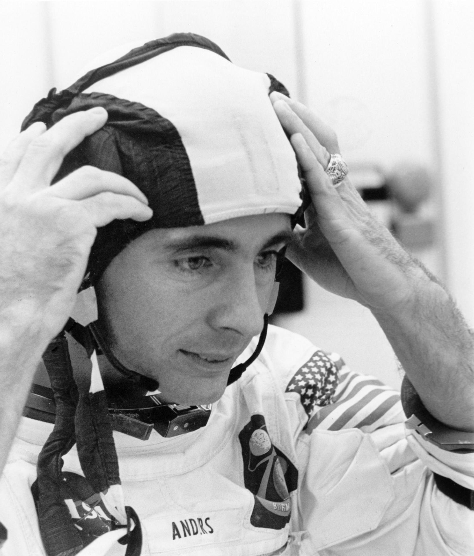 Apollo 8 astronaut William Anders wearing his snoopy communications cap