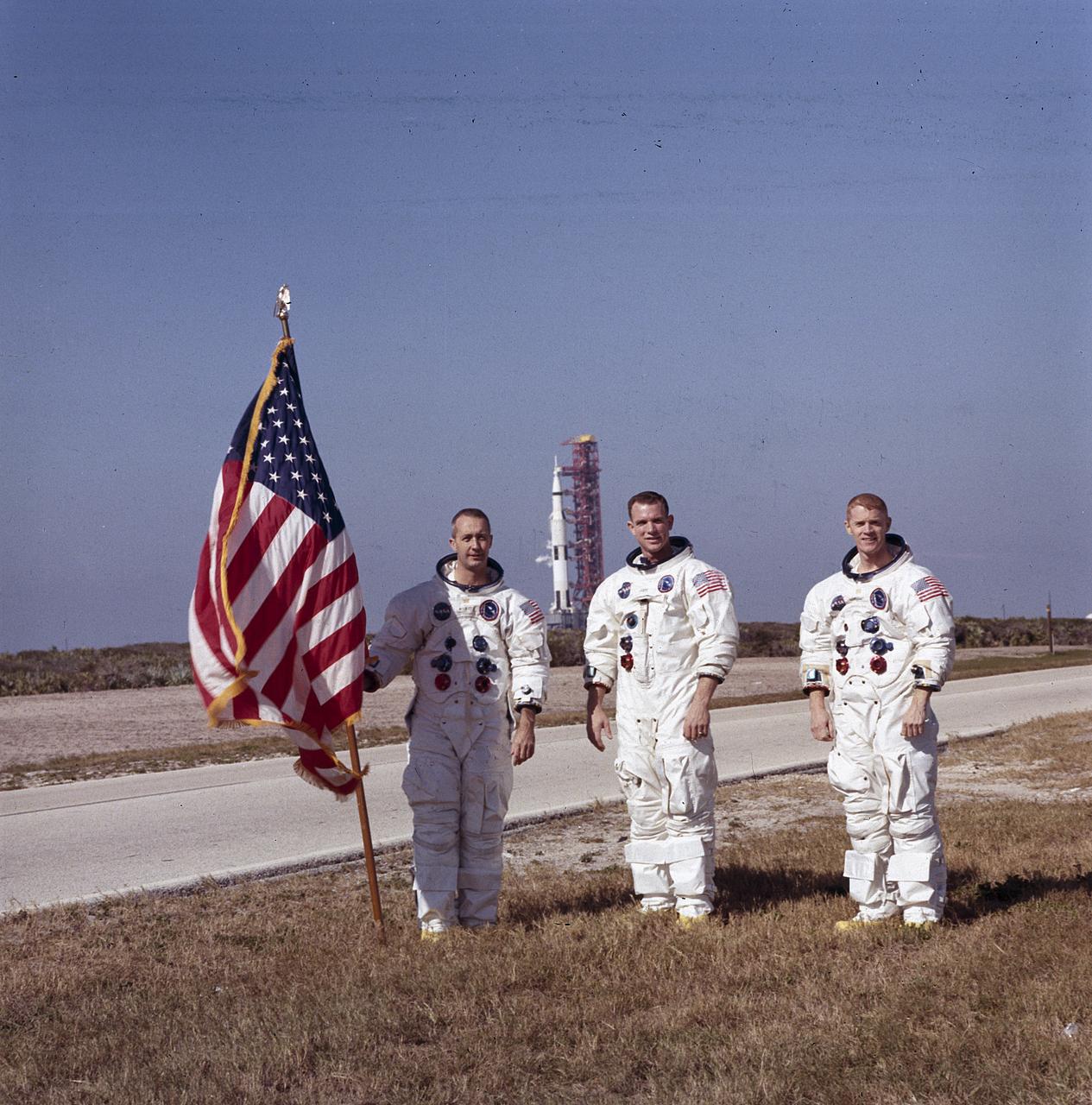 Pictured from left to right, the Apollo 9 astronauts, James A. McDivitt, David R. Scott, and Russell L. Schweickart, pause in front of the Apollo/Saturn V space vehicle that would launch the Apollo 8 crew. The launch of the Apollo 9 (Saturn V launch vehicle, SA-504) took place on March 3, 1968. The Apollo 9 spacecraft, in the lunar mission configuration, was tested in Earth orbit. The mission was designed to rehearse all the steps and reproduce all the events of the Apollo 11 mission with the exception of the lunar touchdown, stay, and liftoff. The command and service modules, and the lunar module were used in flight procedures identical to those that would later take similar vehicles to the Moon, and a landing. The flight mechanics, mission support systems, communications, and recording of data were tested in a final round of verification. Astronauts Scott and Schweickart conducted Extravehicular Activity during this mission. 
