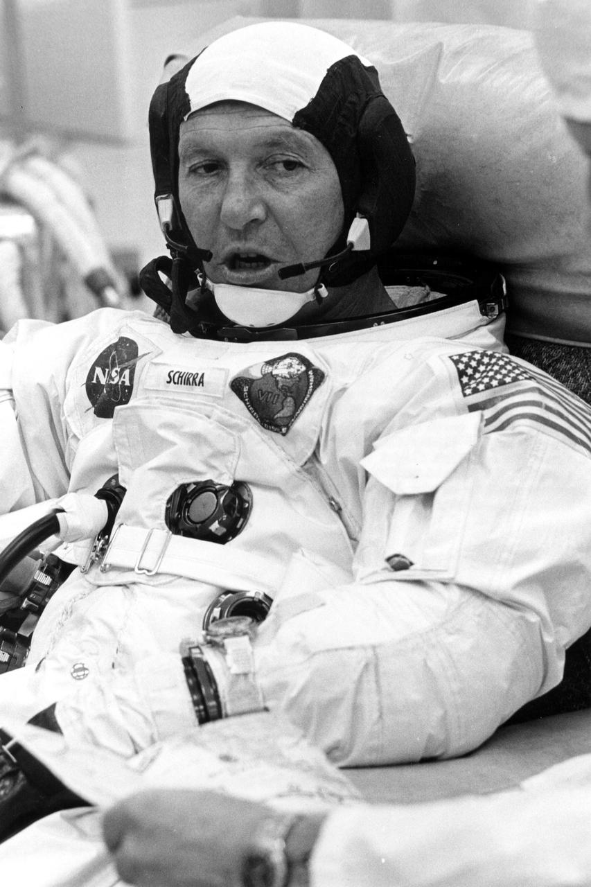 KENNEDY SPACE CENTER, FLA. -- Astsronaut Walter M. Schirra Jr. relaxes prior to boarding the Apollo 7 spacecraft, which rocketed into Earth orbit from Cape Kennedy this morning. Purpose of the 11-day flight is to qualify the Apollo spacecraft for a future flight to the moon. Other Apollo 7 pilots are Donn Eisele and Walter Cunningham. This is the first manned mission of the Apollo series. It is conducted by the National Aeronautics and Space Administration.