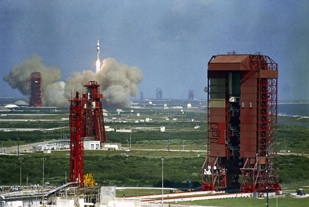 CAPE CANAVERAL, Fla. -- The Apollo 7 spacecraft, atop a Saturn IB rocket, lifts off from Complex 34, Cape Kennedy, at 11:03 a.m. EDT. The spacecraft achieved orbit to begin an 11-day mission. The flight is intended to qualify Apollo for a manned flight to the moon. Photo credit: NASA