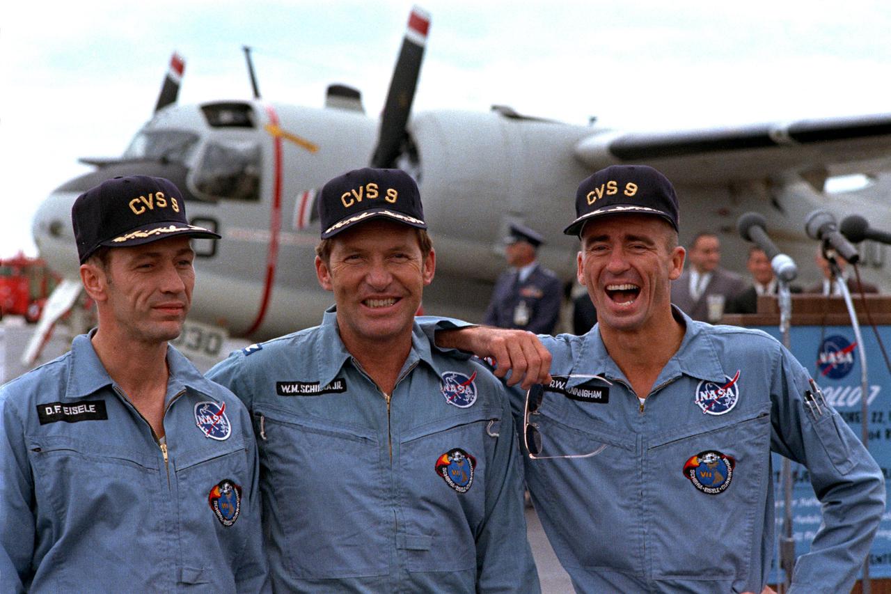 KENNEDY SPACE CENTER, FLA. - The Apollo 7 astronauts, left to right, Donn F. Eisele, Walter M. Schirra Jr., and Walter Cunningham, after 12days and 4.5 million miles later, return to meet with the employees and management at Cape Kennedy.  On October 11, the three astronauts were launched aboard a Saturn 1B space vehicle from Launch Pad 34 for the first manned lunar orbital mission.
