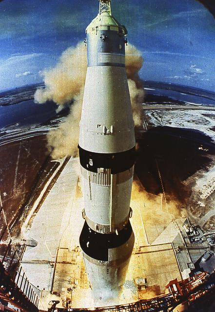 AS-506 lifts off from Launch Pad 39A at the Kennedy Space Center July 16, 1969. This sixth flight of the Saturn V launch vehicle, developed under the direction of the Marshall Space Flight Center, delivered astronauts Neil Armstrong, Edwin Buzz Aldrin, and Michael Collins to lunar orbit. Better known as Apollo 11, the mission marked the first manned lunar landing.