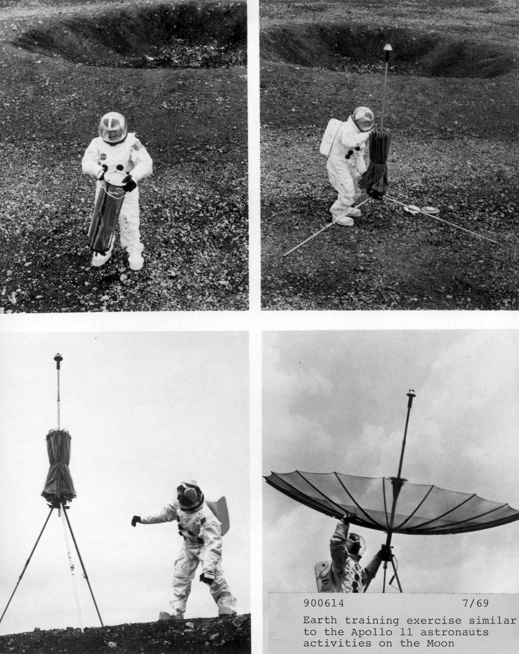 In preparation of the nation’s first lunar landing mission, Apollo 11 crew members underwent training to practice activities they would be performing during the mission. In this photograph, taken at the Manned Spacecraft Center in Houston, Texas, an engineer, Bob Mason, donned in a space suit, goes through some of those training exercises on the mock lunar surface. He performed activites similar to those planned for astronauts Neil Armstrong and Edwin Aldrin during their moon walk. The Apollo 11 mission launched from the Kennedy Space Center (KSC) in Florida via the Marshall Space Flight Center (MSFC) developed Saturn V launch vehicle on July 16, 1969 and safely returned to Earth on July 24, 1969. Aboard the space craft were astronauts Neil A. Armstrong, commander; Michael Collins, Command Module (CM) pilot; and Edwin E. (Buzz) Aldrin Jr., Lunar Module (LM) pilot. The CM, “Columbia”, piloted by Collins, remained in a parking orbit around the Moon while the LM, “Eagle’’, carrying astronauts Armstrong and Aldrin, landed on the Moon. On July 20, 1969, Armstrong was the first human to ever stand on the lunar surface, followed by Aldrin.  During 2½ hours of surface exploration, the crew collected 47 pounds of lunar surface material for analysis back on Earth. With the success of Apollo 11, the national objective to land men on the Moon and return them safely to Earth had been accomplished.