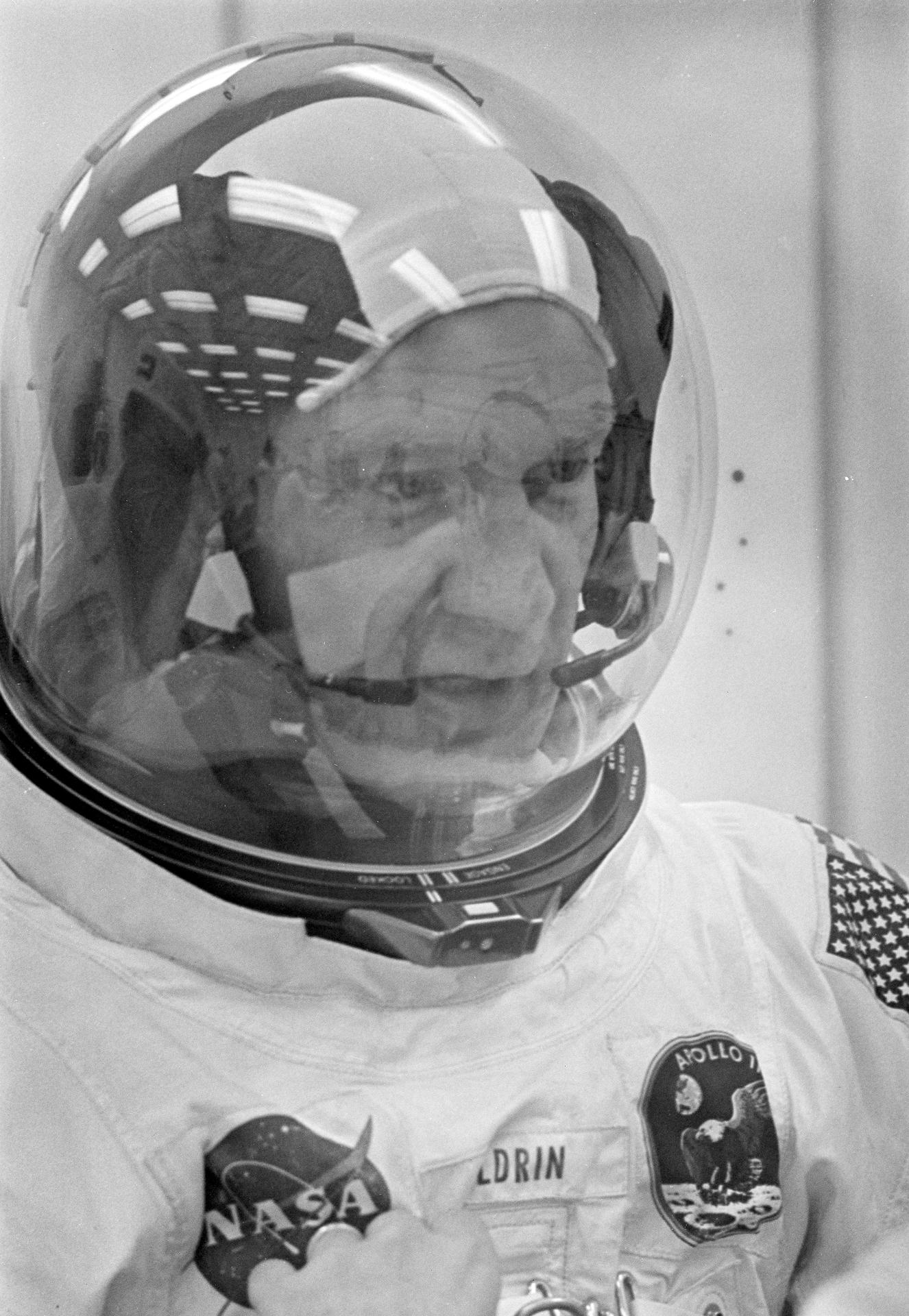 NASA Astronaut, Buzz Aldrin, in his space suit and helmet.