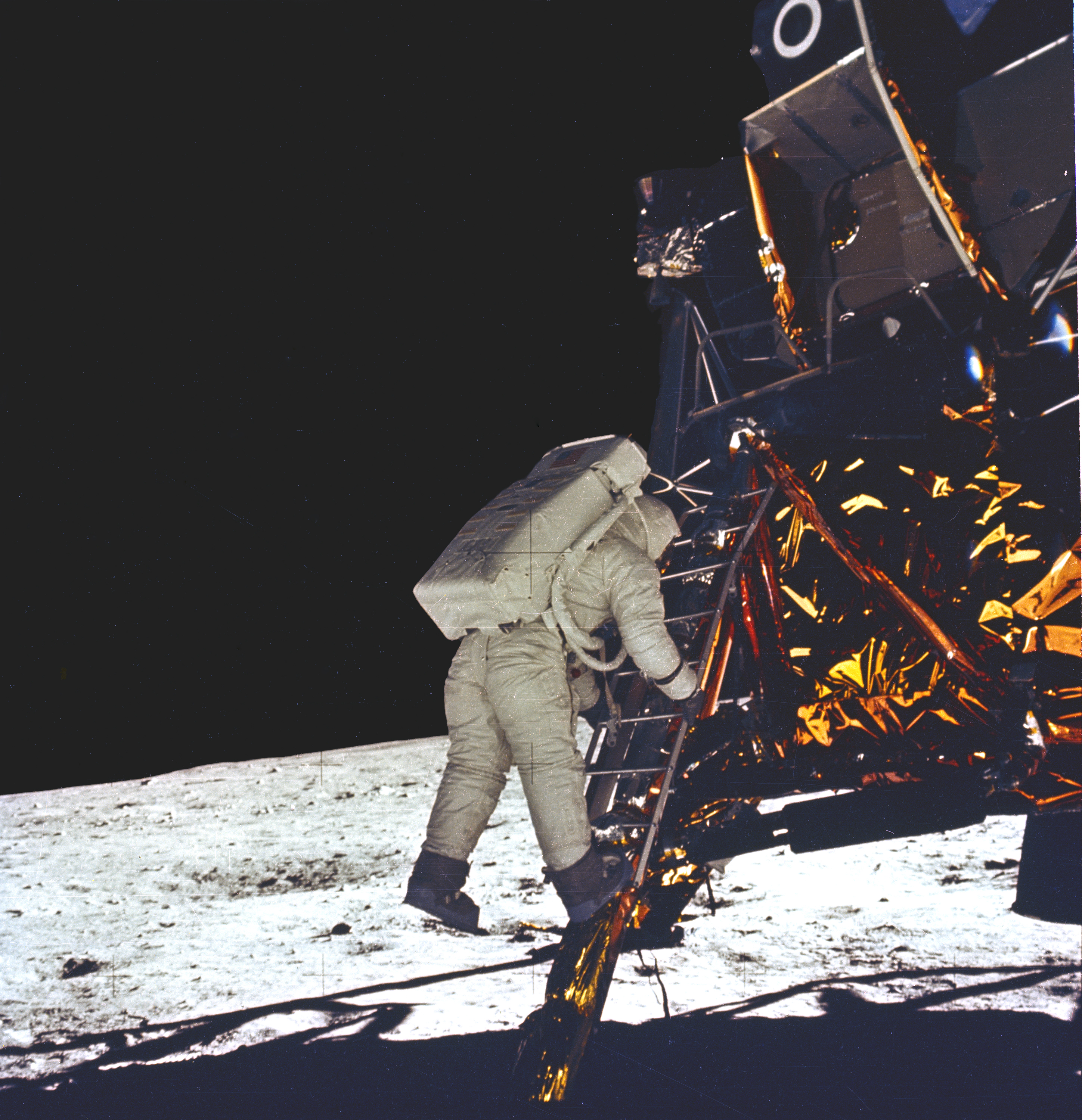 The crowning achievement for the Saturn V rocket came when it launched Apollo 11 astronauts, Neil Armstrong, Edwin (Buzz) Aldrin, and Michael Collins, to the Moon in July 1969. In this photograph, astronaut Aldrin takes his first step onto the surface of the Moon.