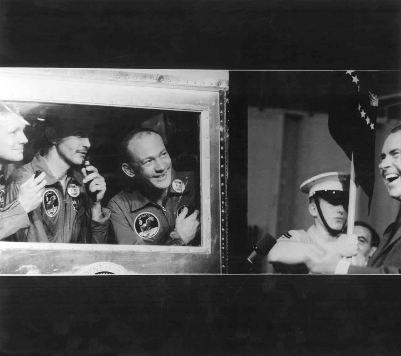 The Apollo 11 mission, the first manned lunar mission, launched from the Kennedy Space Center, Florida via the Marshall Space Flight Center (MSFC) developed Saturn V launch vehicle on July 16, 1969 and safely returned to Earth on July 24, 1969. Aboard the space craft were astronauts Neil A. Armstrong, commander; Michael Collins, Command Module (CM) pilot; and Edwin E. Aldrin Jr., Lunar Module (LM) pilot. The CM, piloted by Michael Collins remained in a parking orbit around the Moon while the LM, named “Eagle’’, carrying astronauts Neil Armstrong and Edwin Aldrin, landed on the Moon. During 2½ hours of surface exploration, the crew collected 47 pounds of lunar surface material for analysis back on Earth. The recovery operation took place in the Pacific Ocean where Navy para-rescue men recovered the capsule housing the 3-man Apollo 11 crew. The crew was airlifted to safety aboard the U.S.S. Hornet, where they were quartered in a Mobile Quarantine Facility (MQF) for 21 days. Here, U.S. President Richard Milhous Nixon gets a good laugh at something being said by Astronaut Collins (center) as astronauts Armstrong (left), and Aldrin (right) listen. The president was aboard the recovery vessel awaiting return of the astronauts. With the success of Apollo 11, the national objective to land men on the Moon and return them safely to Earth had been accomplished.                                            