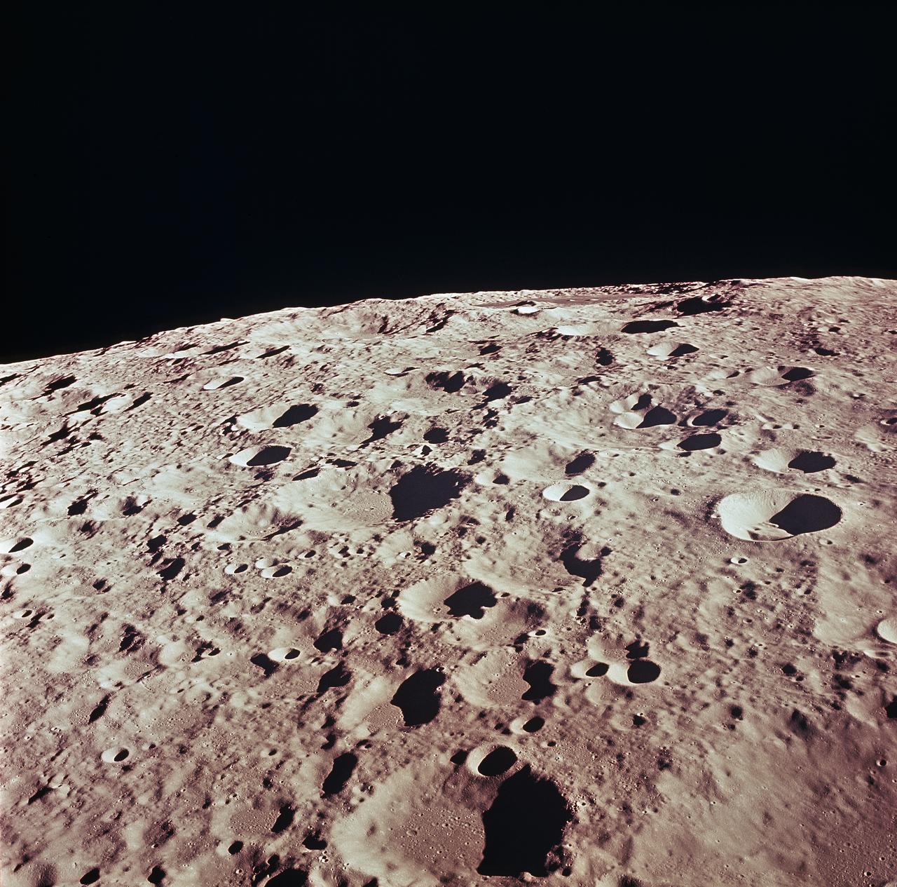 This is a detailed view of the back side of Moon in the vicinity of Crater No. 308 taken during the Apollo 11 mission.  Apollo 11, the first manned lunar mission, launched from The Kennedy Space Center, Florida via a Saturn V launch vehicle on July 16, 1969 and safely returned to Earth on July 24, 1969. The Saturn V vehicle was developed by the Marshall Space Flight Center (MSFC) under the direction of Dr. Wernher von Braun. The 3-man crew aboard the flight consisted of Neil A. Armstrong, commander; Michael Collins, Command Module pilot; and Edwin E. Aldrin Jr., Lunar Module pilot. The Lunar Module (LM), named “Eagle, carrying astronauts Neil Armstrong and Edwin Aldrin, was the first crewed vehicle to land on the Moon. Meanwhile, astronaut Collins piloted the Command Module in a parking orbit around the Moon.  Armstrong was the first human to ever stand on the lunar surface, followed by Edwin (Buzz) Aldrin. The crew collected 47 pounds of lunar surface material which was returned to Earth for analysis. The surface exploration was concluded in 2½ hours. With the success of Apollo 11, the national objective to land men on the Moon and return them safely to Earth had been accomplished. 