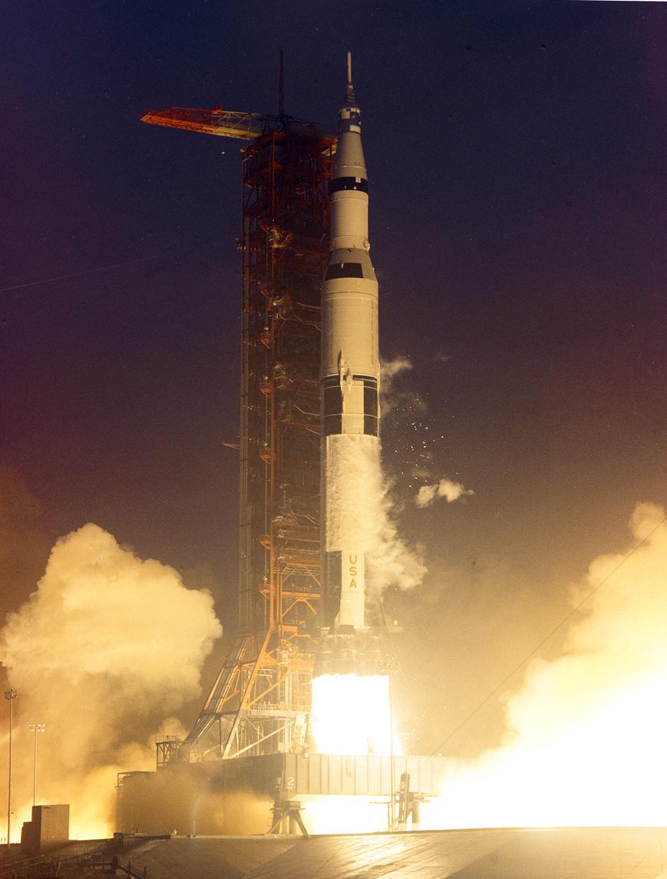 This image depicts the liftoff of the Apollo 12 on November 14, 1969. The second mission of the marned lunar landing and return to Earth, Apollo 12, carried a crew of three astronauts: Alan L. Bean, pilot of the Lunar Module, Intrepid; Richard Gordon, pilot of the Command Module, Yankee Clipper; and Spacecraft Commander Charles Conrad. Activities of astronauts Conrad and Bean on the lunar soil included setting out experiments, finding the unmanned Surveyor 3 that landed on the Moon on April 19, 1967, and collecting 75 pounds (34 kilograms) of rock samples.