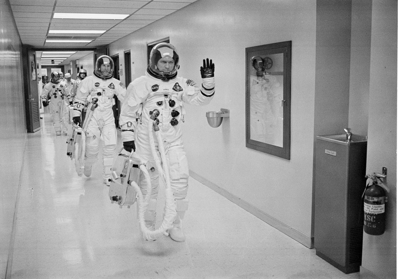 Apollo 8 Astronaut and commander Frank Borman leads the way as he and James Lovell, Command Module (CM) pilot; and William Anders, Lunar Module (LM) Pilot head out to the launch pad for the historical first manned Apollo mission to travel to the lunar vicinity, and first manned mission launched via the Saturn V vehicle. Liftoff occurred on December 21, 1968 and returned safely to Earth on December 27, 1968. The mission achieved operational experience and tested the Apollo command module systems, including communications, tracking, and life-support, in cis-lunar space and lunar orbit, and allowed evaluation of crew performance on a lunar orbiting mission. The crew photographed the lunar surface, both far side and near side, obtaining information on topography and landmarks as well as other scientific information necessary for future Apollo landings. All systems operated within allowable parameters and all objectives of the mission were achieved.