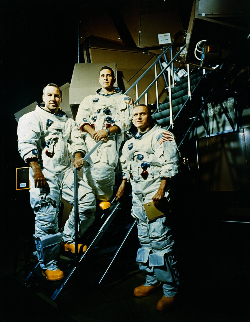 The Apollo 8 Crew included (L to R) James Lovell, Command Module (CM) pilot; William Anders, Lunar Module (LM) Pilot; and Frank Borman, Commander. The first manned Apollo mission launched aboard the Saturn V and first manned Apollo craft to enter lunar orbit, the SA-503, Apollo 8 mission liftoff occurred on December 21, 1968 and returned safely to Earth on December 27, 1968. The mission achieved operational experience and tested the Apollo command module systems, including communications, tracking, and life-support, in cis-lunar space and lunar orbit, and allowed evaluation of crew performance on a lunar orbiting mission. The crew photographed the lunar surface, both far side and near side, obtaining information on topography and landmarks as well as other scientific information necessary for future Apollo landings. All systems operated within allowable parameters and all objectives of the mission were achieved.