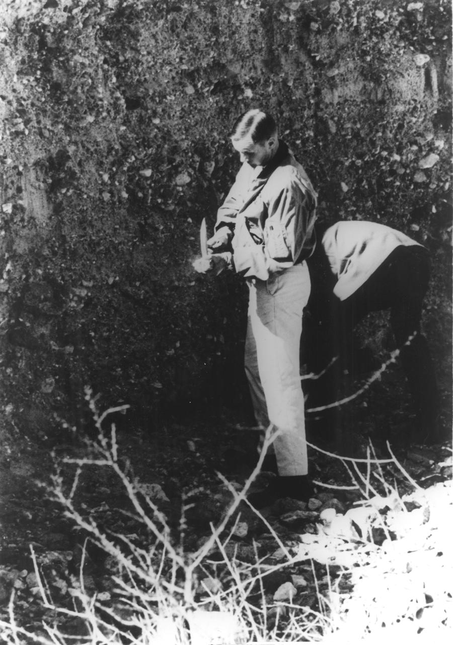  In this photograph, Apollo 11 astronaut Neil A. Armstrong uses a geologist’s hammer in selecting rock specimens during a geological field trip to the Quitman Mountains area near the Fort Quitman ruins in far west Texas. Armstrong, alongside astronaut Edwin (Buzz) Aldrin, practiced gathering rock specimens using special lunar geological tools in preparation for the first Lunar landing. Mission was accomplished in July of the same year. Aboard the Marshall Space Fight center (MSFC) developed Saturn V launch vehicle, the Apollo 11 mission launched from The Kennedy Space Center, Florida on July 16, 1969 and safely returned to Earth on July 24, 1969. The 3-man crew aboard the flight consisted of Armstrong, commander; Aldrin, Lunar Module pilot; and a third astronaut Michael Collins, Command Module pilot. Armstrong was the first human to ever stand on the lunar surface, followed by Aldrin, while Collins remained in lunar orbit. The crew collected 47 pounds of lunar surface material which was returned to Earth for analysis. The lunar surface exploration was concluded in 2½ hours. 
