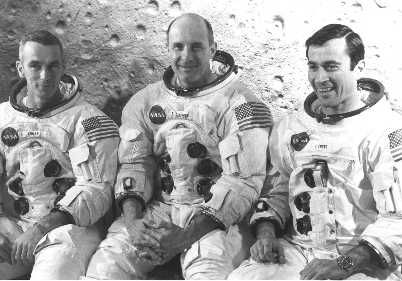 KENNEDY SPACE CENTER, FLA. -- Apollo 10 Flight Crew Training.  From left re Lunar Module Pilot Eugene A. Cernan, Commander Thomas P. Stafford and Command Module Pilot John w. Young.