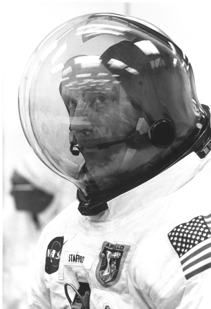 KENNEDY SPACE CENTER, FLA. --Apollo 10 astronaut Thomas P. Stafford is assisted in being suited up prior to the Countdown Demonstration Test, a full dress rehearsal.