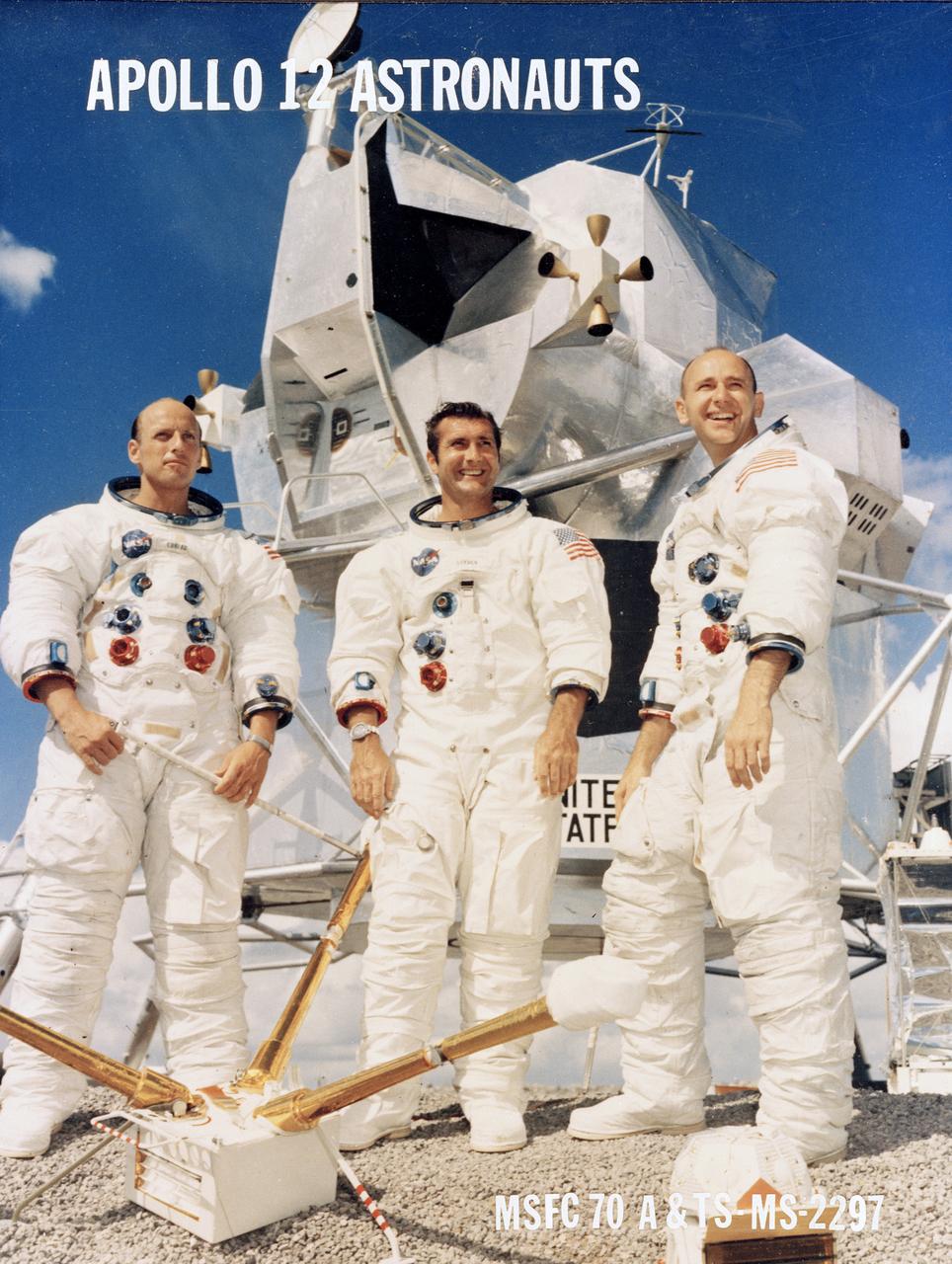 The Apollo 12 three-man crew pictured left to right are: Astronauts Charles Conrad, Spacecraft Commander; Richard F. Gordon, pilot of the Command Module `Yankee Clipper'; and Alan L. Bean, pilot of the Lunar Module `Intrepid'. Activities of astronauts Conrad and Bean on the lunar soil included setting out experiments, finding the unmarned Surveyor 3 that landed on the Moon on April 19, 1967, and collecting 75 pounds (34 kilograms) of rock samples. The second mission of the manned lunar landing and return to Earth, Apollo 12 lifted off on November 14, 1969.