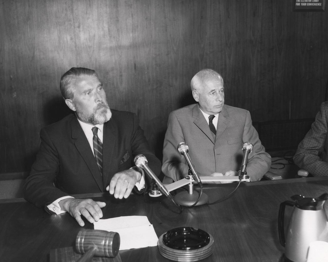 This is a photograph of Dr. von Braun and Dr. Eberhard Rees at a press conference in 1970 at the Marshall Space Flight Center.