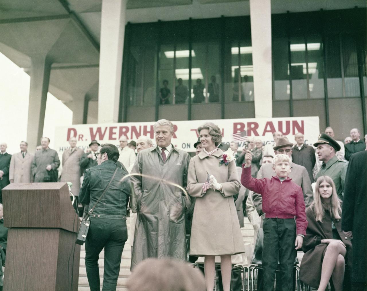 Marshall Space Flight Center (MSFC) Director Dr. von Braun and his family were honored with a series of events prior to his relocation to Washington, D.C., where he was assigned duties at NASA Headquarters as Deputy Associate Administrator for Plarning. (Left to right) Dr. von Braun, wife Maria, son Peter, and daughter Margrit are shown on the steps of the Madison County Courthouse, Huntsville, Alabama. 