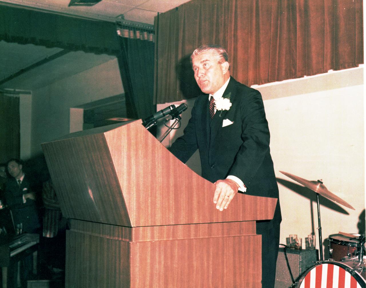 Dr. von Braun was noted for his public speeches and presentations. In this photograph, Dr. von Braun gave a speech during a series of events to honor him prior to his relocation to Washington where he was assigned to his new duty as NASA's Deputy Associate Administrator for Plarning at NASA Headquarters.