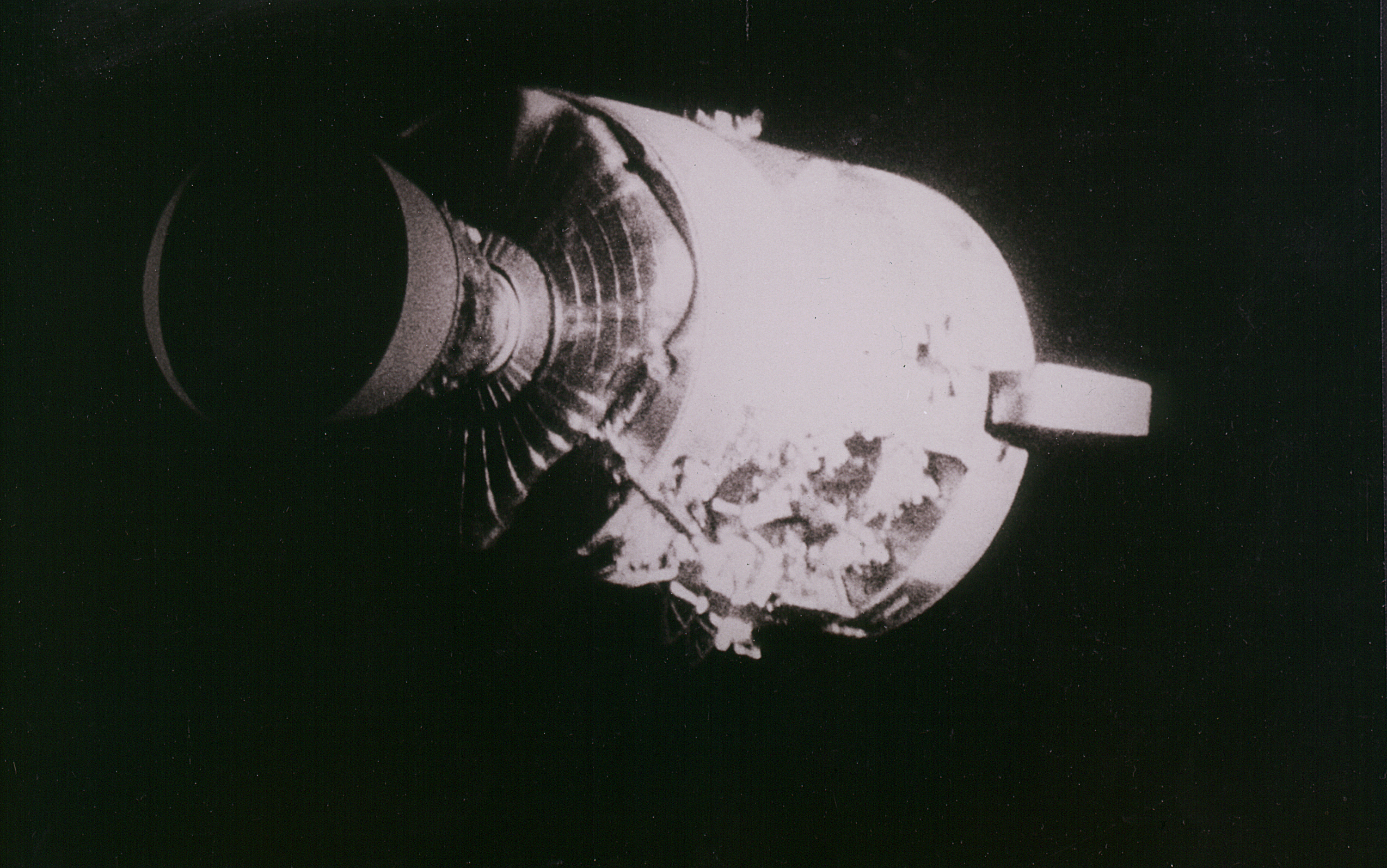 View of the severely damaged Apollo 13 Service Module