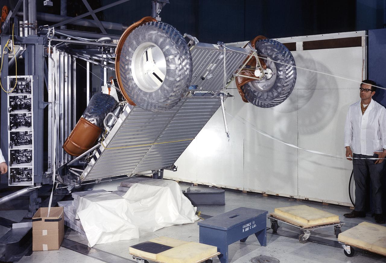 This photograph was taken during a deployment simulation of the Lunar Roving Vehicle (LRV). The LRV was built to give Apollo astronauts a greater range of mobility during the last three lunar exploration missions; Apollo 15, Apollo 16, and Apollo 17. It was designed and developed by the Marshall Space Flight Center and built by the Boeing Company.
