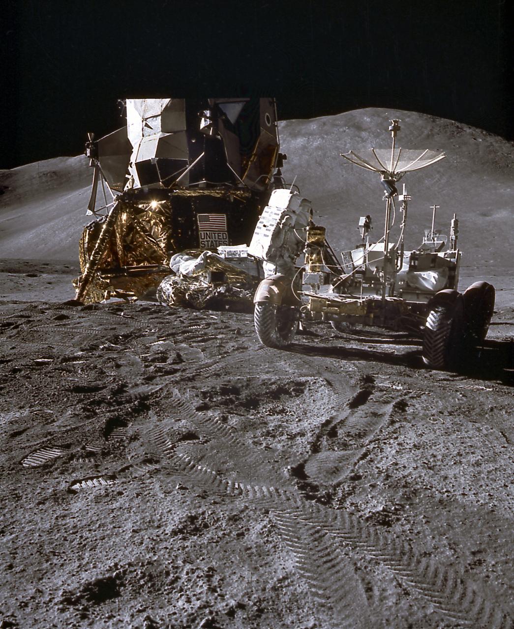 This photograph of an astronaut getting the Lunar Roving Vehicle (LRV) ready for exploration of the lunar surface was taken during activities of the Apollo 15 mission. Designed and developed by the Marshall Space Flight Center and built by the Boeing Company, the LRV was first used on the Apollo 15 mission and increased the range of astronauts' mobility and productivity on the lunar surface.