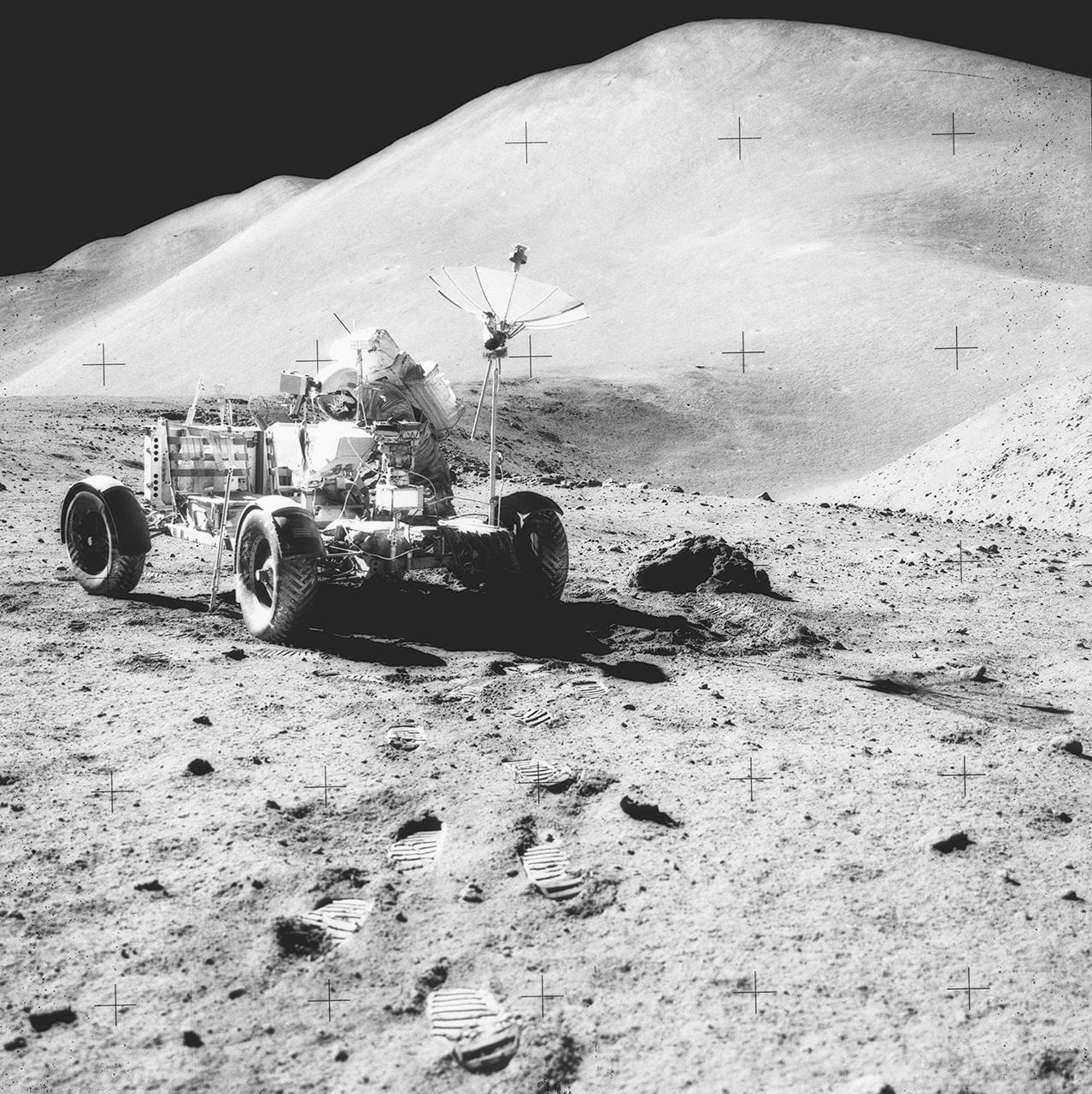 The Lunar Roving Vehicle (LRV) was designed to transport astronauts and materials on the Moon. An LRV was used on each of the last three Apollo missions, Apollo 15, Apollo 16, and Apollo 17, in 1971 and 1972 to permit the crew to travel several miles from the lunar landing site. This photograph was taken during the Apollo 15 mission.