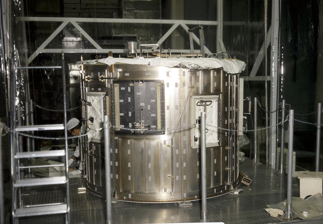 The Apollo Telescope Mount (ATM) was designed and developed by the Marshall Space Flight Center (MSFC) and served as the primary scientific instrument unit aboard Skylab (1973-1979). The ATM consisted of eight scientific instruments as well as a number of smaller experiments. This image is of the ATM flight unit sun end canister in MSFC's building 4755.
