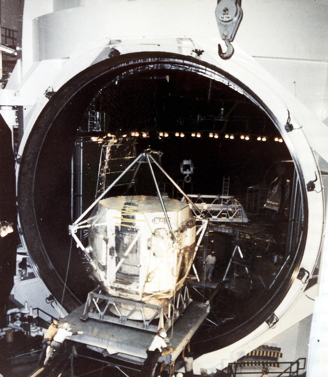 The Apollo Telescope Mount (ATM), designed and developed by the Marshall Space Flight Center, was one of four major components comprising the Skylab. The ATM housed the first marned scientific telescopes in space. In this photograph, taken at the Manned Spacecraft Center (later renamed the Johnson Space Center), an ATM prototype can be seen in a thermal vacuum chamber that tested the unit's ability to withstand the environment of space. 