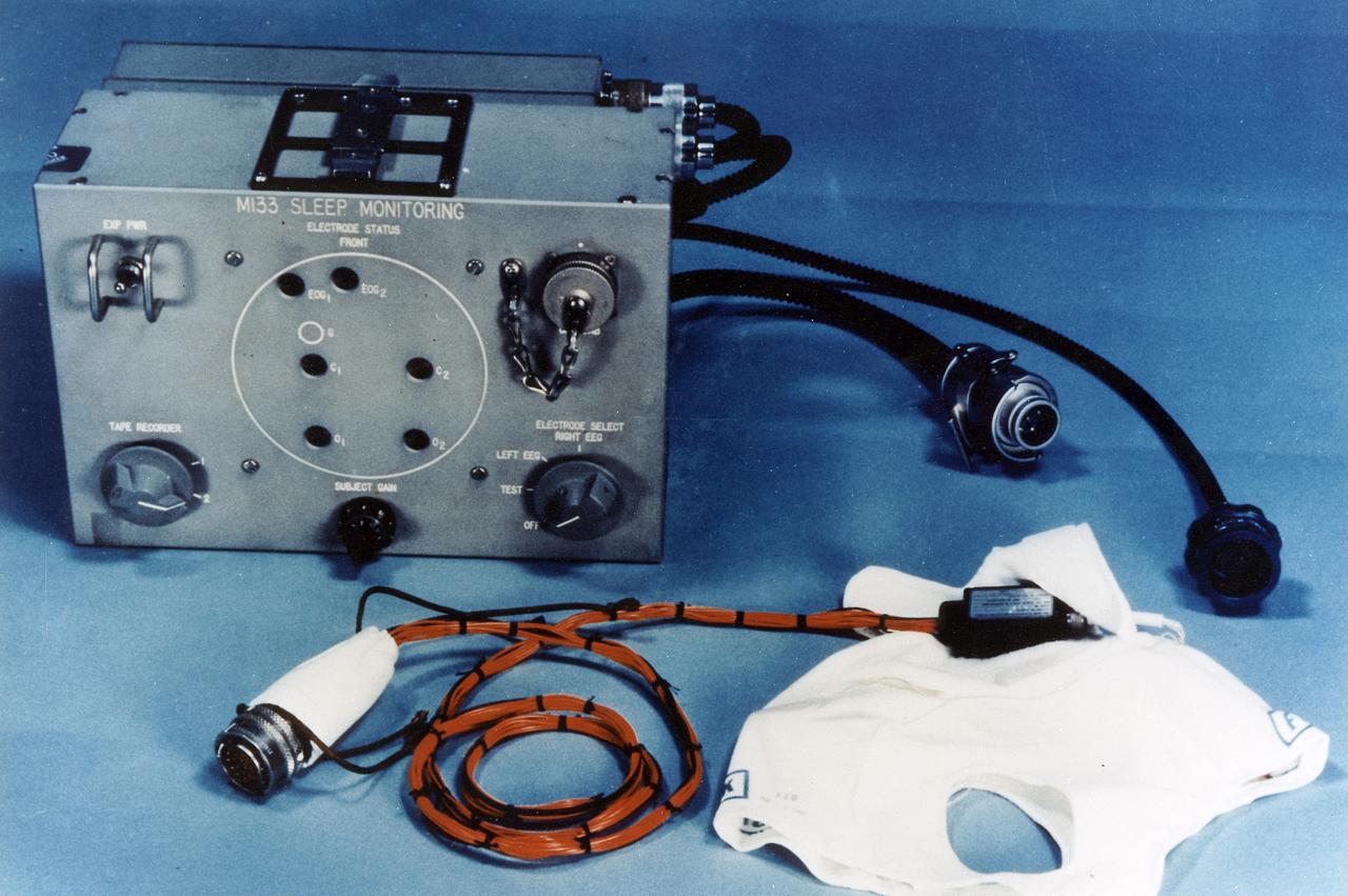 This 1970 photograph shows equipment for the Skylab's Sleep Monitoring Experiment (M133), a medical evaluation designed to objectively determine the amount and quality of crewmembers' inflight sleep. The experiment monitored and recorded electroencephalographic (EEG) and electrooculographic (EOG) activity during astronauts' sleep periods. One of the astronauts was selected for this experiment and wore a fitted cap during his sleep periods. The Marshall Space Flight Center had program management responsibility for the development of Skylab hardware and experiments. 