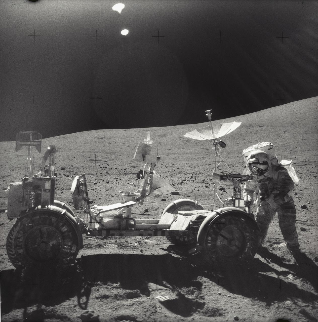 The Lunar Roving Vehicle (LRV) was designed by Marshall Space Flight Center to transport astronauts and materials on the Moon. An LRV was used on each of the last three Apollo missions; Apollo 15, Apollo 16, and Apollo 17, in 1971 and 1972, to permit the crew to travel several miles from the lunar landing site. This photograph was taken during the Apollo 16 mission in 1972.