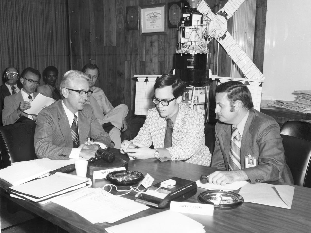 Terry C. Quist (center), high school student from San Antonio, Texas, discusses his proposed Skylab experiment with Marshall Space Flight Center’s (MSFC) Henry Floyd (left), coordinator of the Skylab Student Experiment Project, and DR. Raymond Gause, scientific advisor to Quist. The student’s experiment, “Earth Orbital Neutron Analysis”, was aimed at learning more about the source of neutrons in the solar system by seeking the number and direction from which each comes. Quist was among the 25 winners of a contest in which some 3,500 high school students proposed experiments for the following year’s Skylab mission. Of the 25 students, 6 did not see their experiments conducted on Skylab because the experiments were not compatible with Skylab hardware and timelines. Of the 19 remaining, 11 experiments required the manufacture of equipment, such as Quist’s experiment, which required detector hardware.