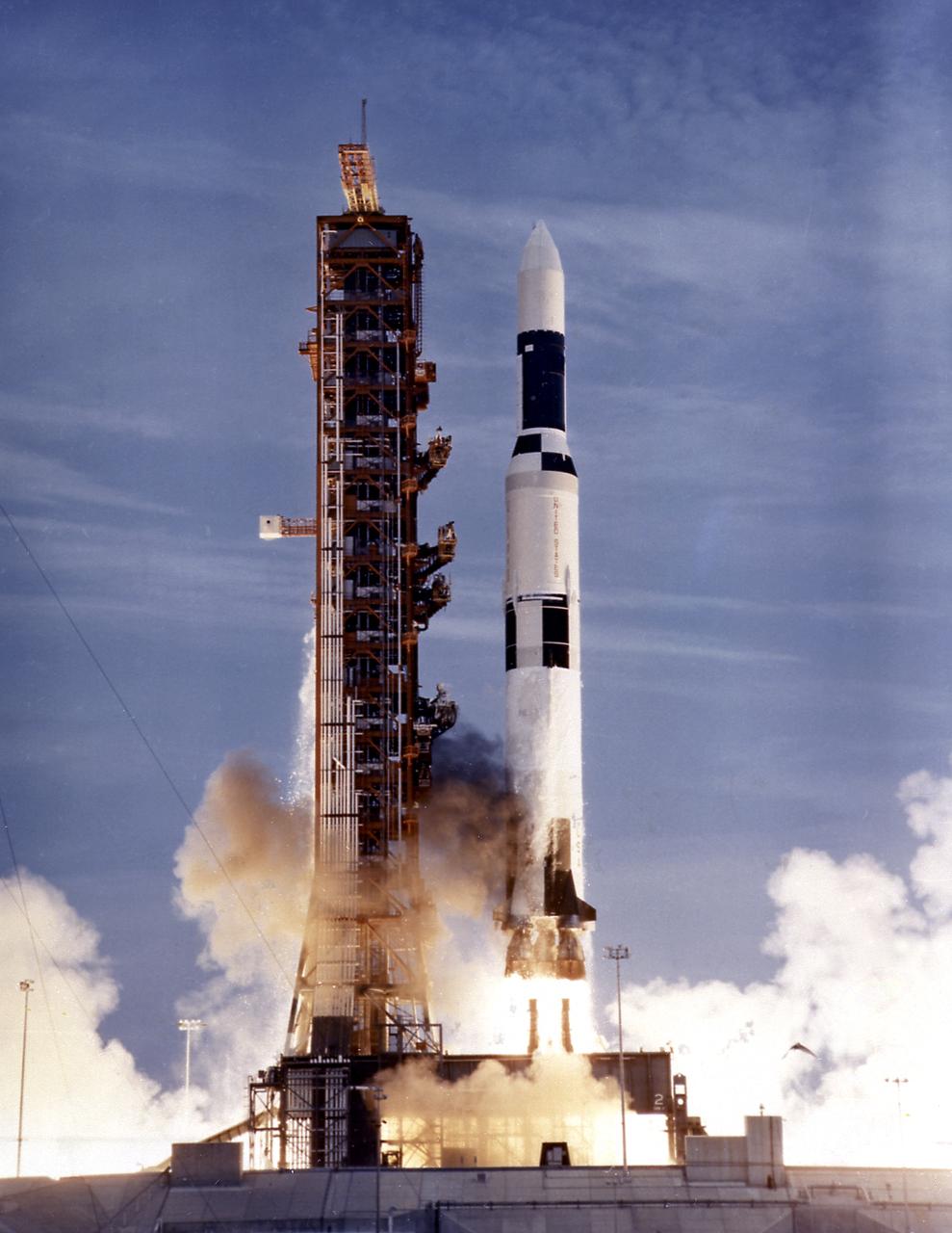 This photograph shows the launch of the SA-513, a modified unmarned two-stage Saturn V vehicle for the Skylab-1 mission, which placed the Skylab cluster into the Earth orbit on May 14, 1973. The initial step in the Skylab mission was the launch of a two-stage Saturn V booster, consisting of the S-IC first stage and the S-II second stage, from Launch Complex 39A at the Kennedy Space Center in Florida. Its payload was the unmanned Skylab, which consisted of the Orbital Workshop, the Airlock Module, the Multiple Docking Adapter, the Apollo Telescope Mount and an Instrument Unit.