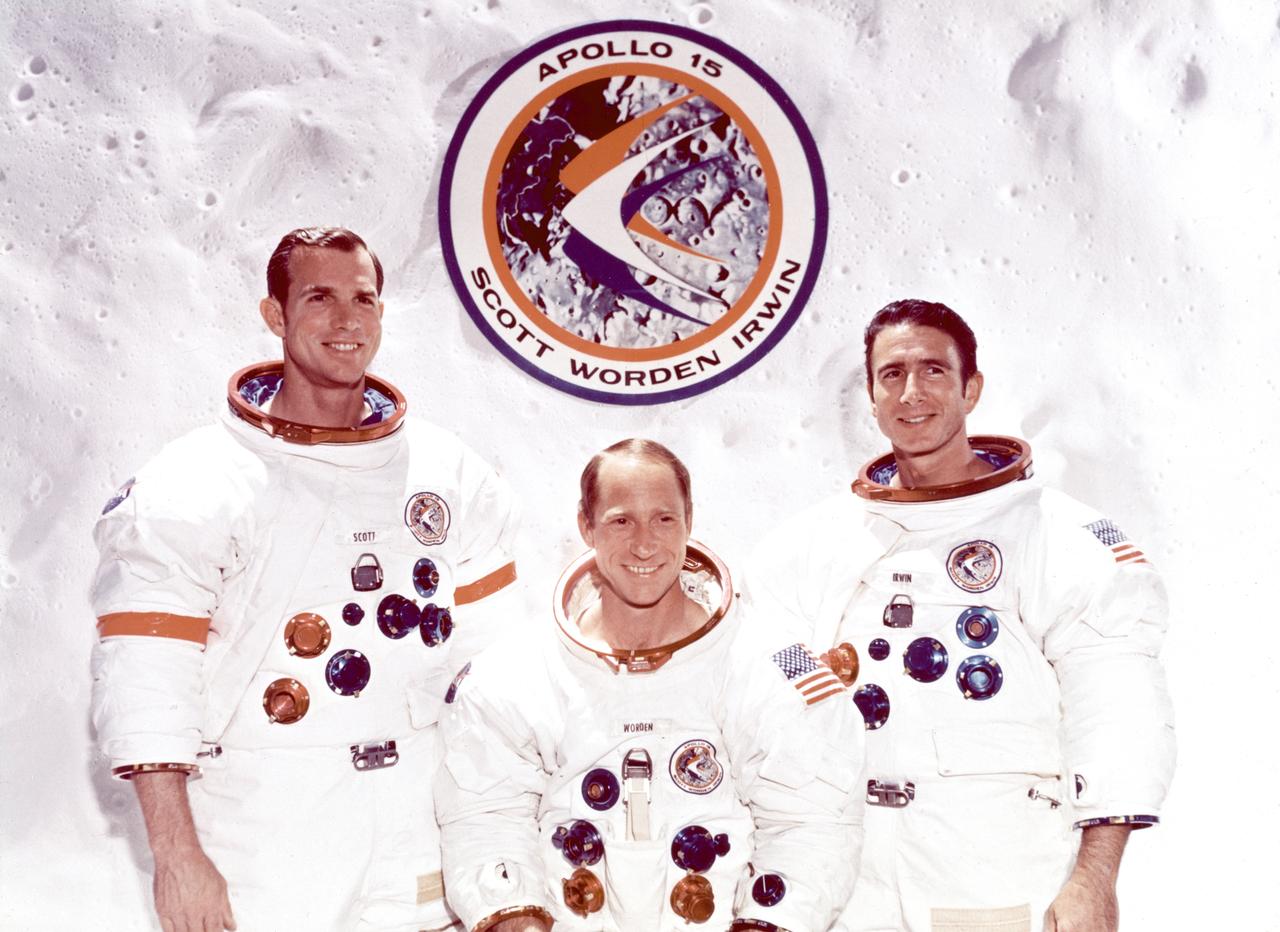 This is the official three-member crew portrait of the Apollo 15 (SA-510). Pictured from left to right are: David R. Scott, Mission Commander; Alfred M. Worden Jr., Command Module pilot; and James B. Irwin, Lunar Module pilot. The fifth marned lunar landing mission, Apollo 15 (SA-510), lifted off on July 26, 1971. Astronauts Scott and Irwin were the first to use a wheeled surface vehicle, the Lunar Roving Vehicle (LRV), or the Rover, which was designed and developed by the Marshall Space Flight Center, and built by the Boeing Company. The astronauts spent 13 days, nearly 67 hours, on the Moon's surface to inspect a wide variety of its geological features.