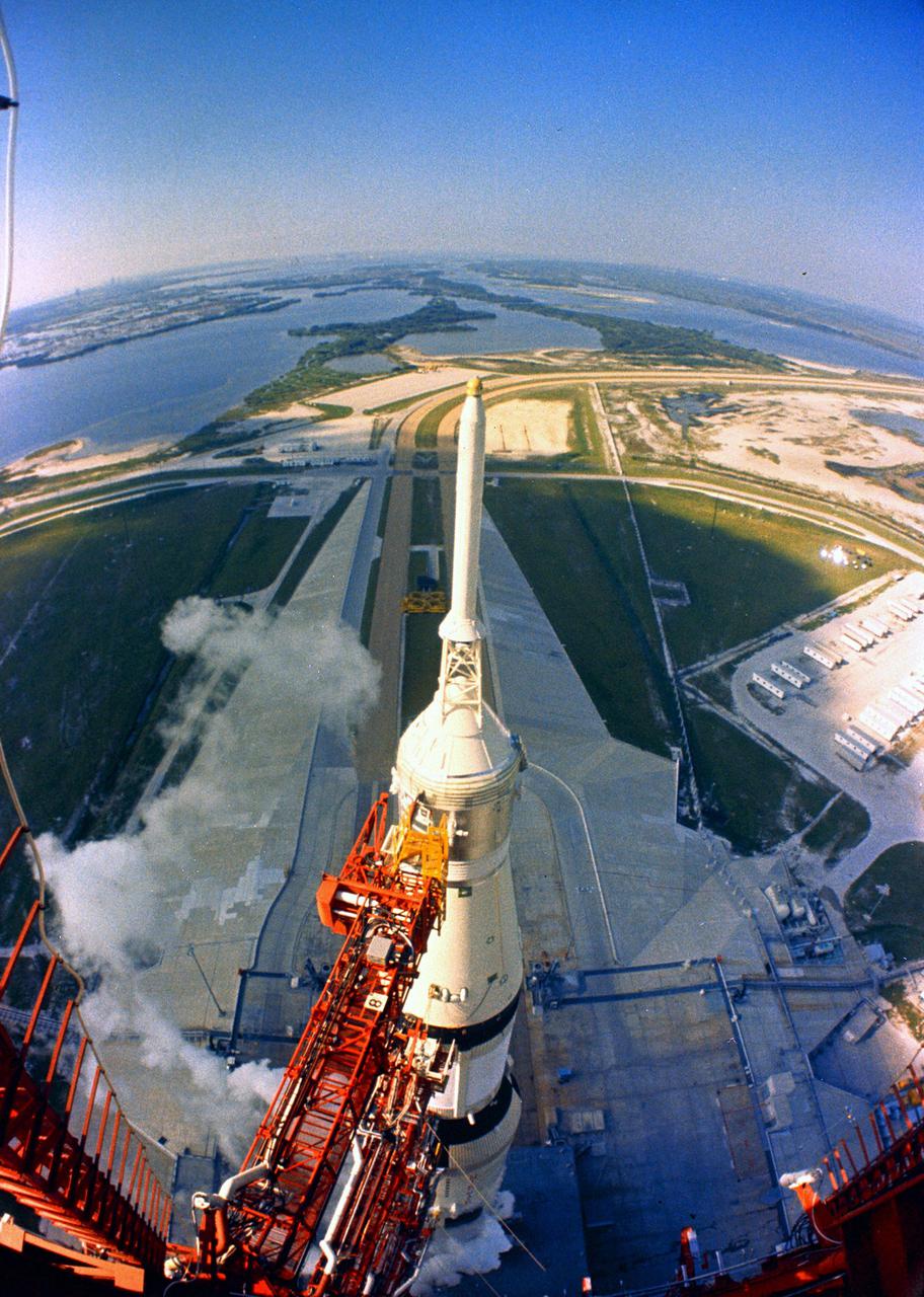 KENNEDY SPACE CENTER, FLA. - The Apollo 15 Saturn V Space Vehicle is seen from a camera located at the mobile launcher's 360-foot level at Launch Pad 39A during venting of the liquid oxygen during the 'wet' portion of the Countdown Demonstration Test today. Astronauts David R. Scott, Commander; James B. Irwin, Lunar Module Pilot; and Alfred M. Worden, Jr., Command Module Pilot, will participate tomorrow in the 'dry' portion of the Countdown Demonstration Test (CDDT), as a final dress rehearsal for the launch to the Moon, scheduled for no earlier than July 26, 1971.