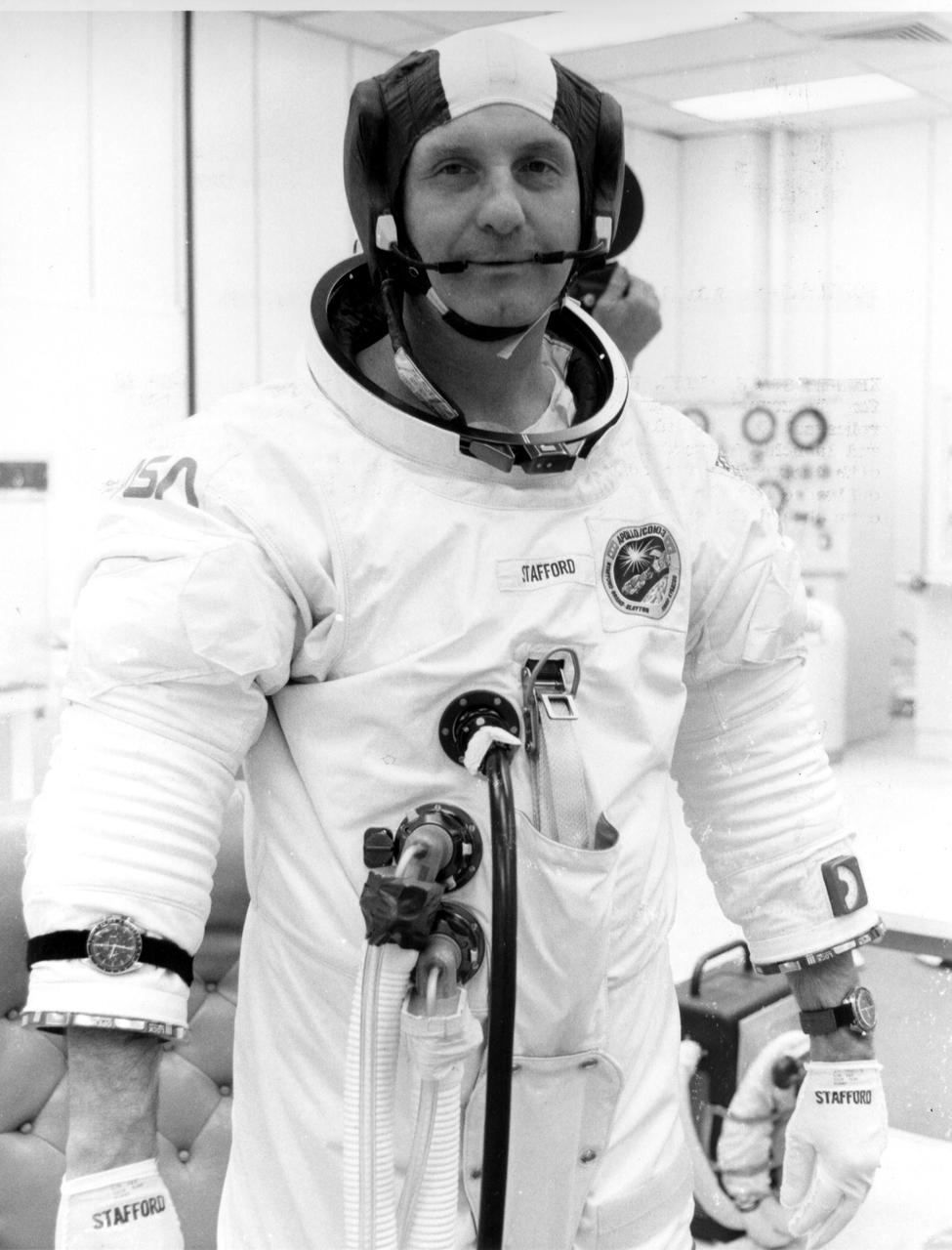 KENNEDY SPACE CENTER, FLA.  -- ASTP crewman Thomas Stafford is suited up for the Countdown Demonstration Test.  The test, a step-by-step dress rehearsal for the July 15 luanch, will culminate in a simulated T-zero and launch.  Yesterday the 'wet' portion of the test was conducted with the vehicle fueled as it will be on launch day.  The fuels were offloaded and the terminal portion of the count repeated with the prime crew aboard the spacecraft.