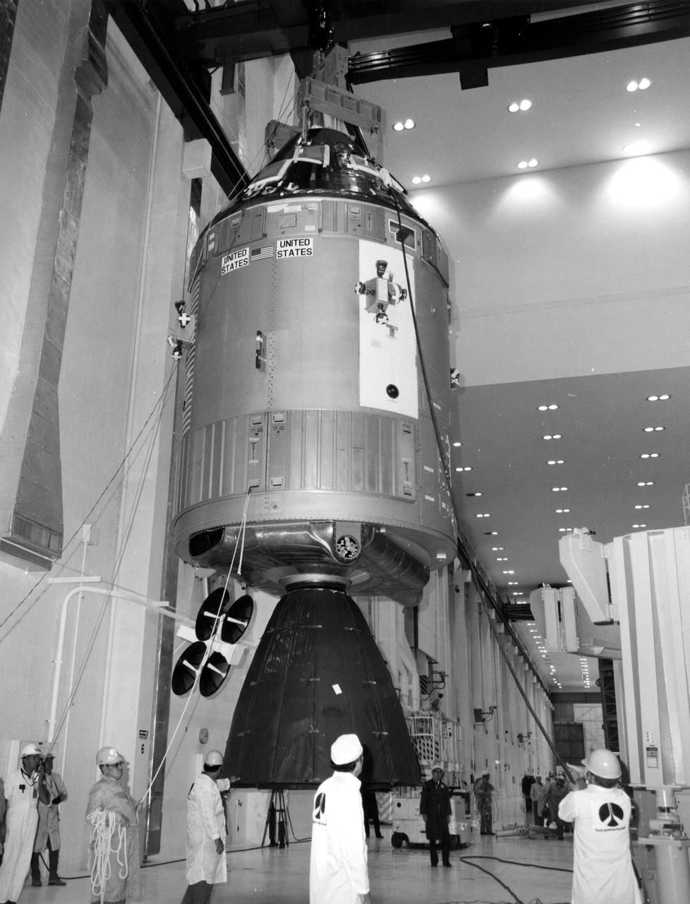 KENNEDY SPACE CENTER, FLA. --  The Apollo spacecraft, which will be flown in this summer's joint mission with the Soviet Union, was mated with its Spacecraft Launcher Adapter (SLA) in the Manned Spacecraft Operations Building today.  The spacecraft has been undergoing checkout in the MSOB since it arrived at KSC  last September.