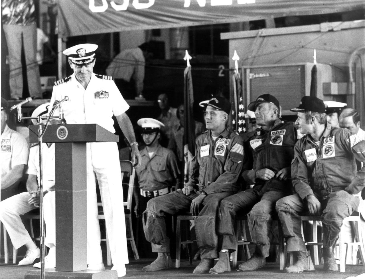 KENNEDY SPACE CENTER, FLA. --  The Commanding Officer of the USS New Orleans, Captain Ralph E. Neiger, welcomes aboard ASTP astronauts Thomas Stafford, Donald Slayton and Vance Brand.  The astronauts splashed down in the Pacific Ocean west of Hawaii at 5:18 p.m. today, ending the nine-day ASTP mission.  Themission was highlighted by the rendezvous and docking with a Soviet Soyuz spacecraft in Earth orbit.