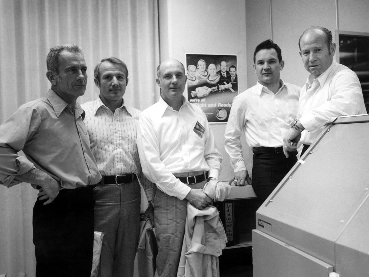 KENNEDY SPACE CENTER, FLA. -- Soviet Cosmonaut tour of KSC.  United States, Soviet Union, prime crews for Apollo Soyuz Test Project inspect spacecraft checkout facilities in Manned Spacecraft Operations Building ACE Station.  From left are astronauts Donald K. Slayton, Vance D. Brand and Thomas P. Stafford; cosmonauts Valeriy Kubasov and Aleksey Leonov.