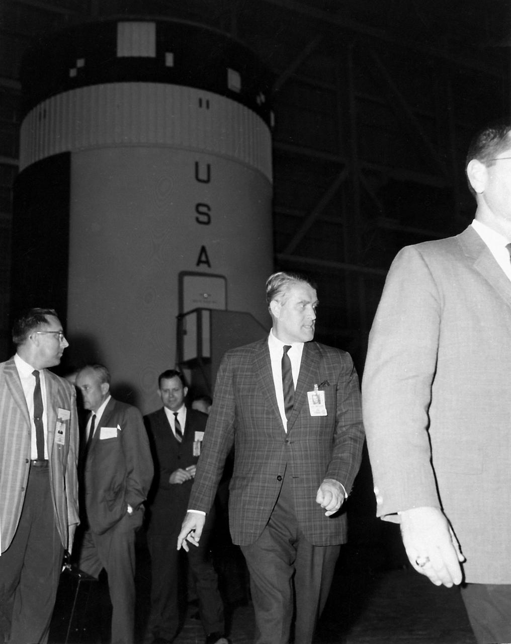 MSFC Director, Dr. Wernher von Braun is photographed inspecting a mockup of the Skylab Orbital Workshop, a major project at Marshall Space Flight Center (MSFC) in 1967. The mockup would be used as an engineering tool to design structures, equipment and experiments for an initial mission expected to last twenty-eight days. The workshop was intended to serve as America's first Space Station.