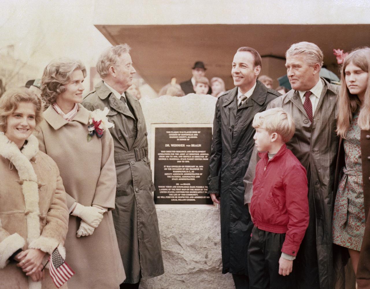 In February 1970, MSFC Director Dr. von Braun was named NASA Deputy Associate Administrator for Plarning and transferred to the Agency's Headquarters in Washington D.C. Prior to his departure, Huntsvillians, along with state local dignitaries, honored his years of service to the Army and NASA with a series of events. One included unveiling a plaque in von Braun's honor. Pictured with Dr. von Braun are (left to right), his daughter Iris, wife Maria, U.S. Senator John Sparkman and Alabama Governor Albert Brewer, Dr. von Braun, son Peter, and daughter Margrit. 