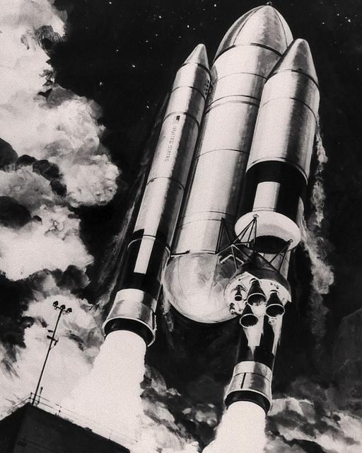 During the Space Shuttle development phase, Marshall plarners concluded a Heavy Lift Launch Vehicle (HLLV) would be needed for successful Space Industrialization. Shown here in this 1976's artist's conception is an early version of the HLLV during launch.