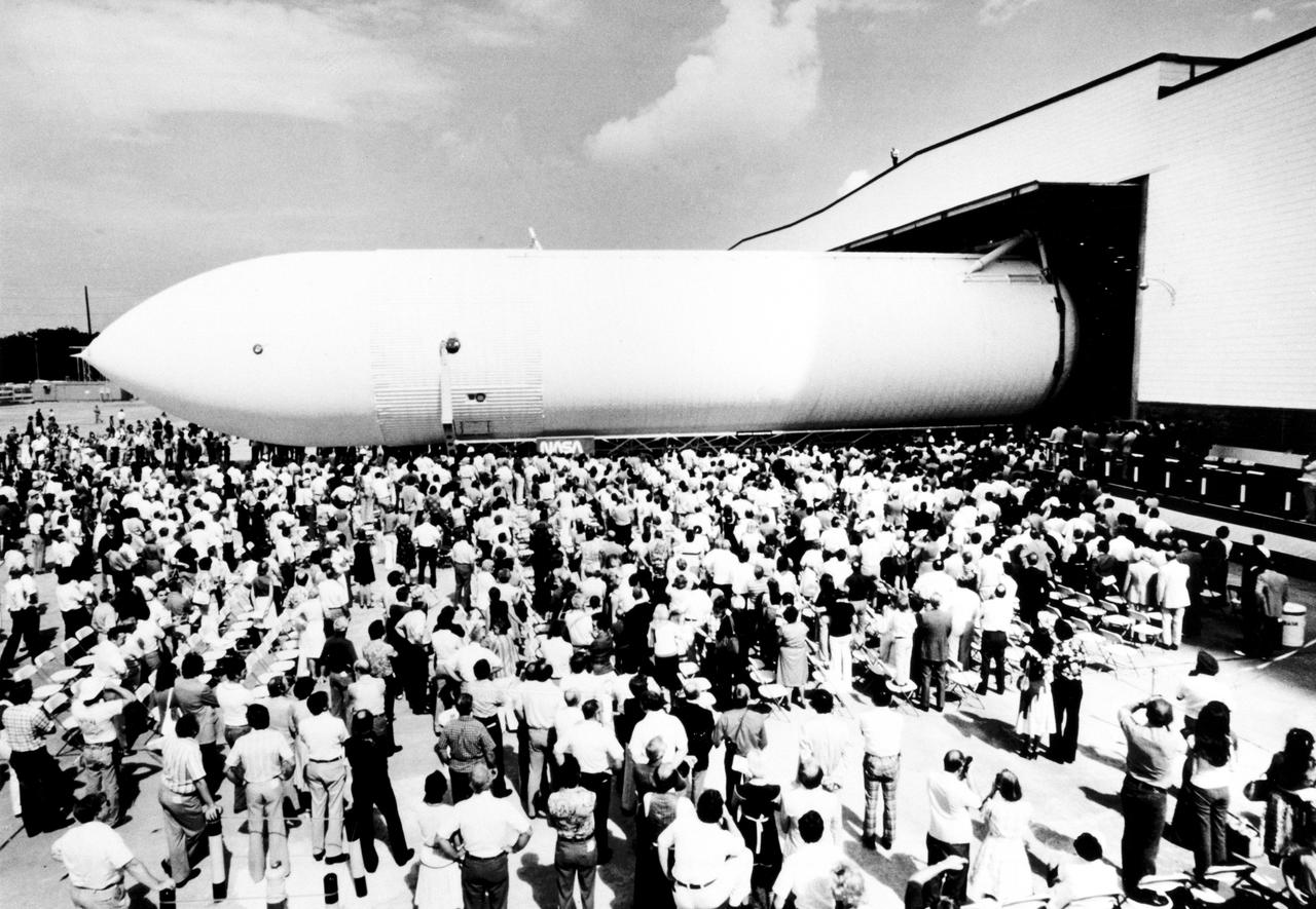 The first Space Shuttle External Tank, the Main Propulsion Test Article (MPTA), rolls off the assembly line September 9, 1977 at the Michoud Assembly Facility in New Orleans. The MPTA was then transported to the National Space Technology Laboratories in southern Mississippi where it was used in the first static firing of the three main engines. Marshall Space Flight Center had management responsibility for Space Shuttle propulsion elements, including the External Tank. Martin Marietta was the prime contractor who designed and assembled the tanks at Michoud.