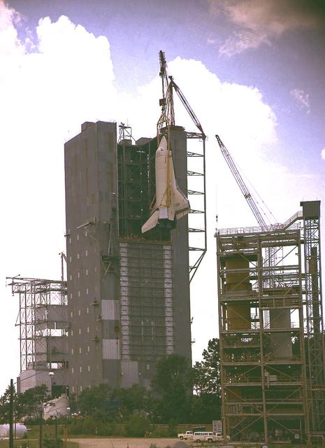 This is a photo of the removal of the Orbiter Enterprise from the Marshall Space Flight Center Dynamic Test Stand after its first Mated Vertical Ground Vibration Test (MVGVT).