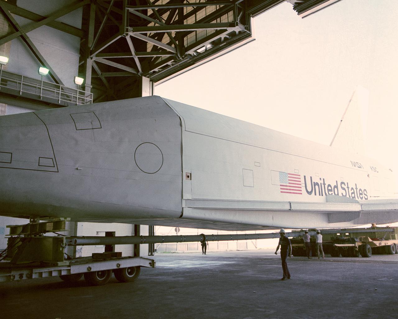 CAPE CANAVERAL, Fla. – At NASA's Kennedy Space Center in Florida, the space shuttle mock-up, dubbed Pathfinder, enters the Vehicle Assembly Building for a fit-check May 15, 1978. The mock-up, constructed at NASA's Marshall Space Flight Center in Huntsville, Ala., possessed the general dimensions, weight and balance of a real space shuttle. It was shipped to Kennedy by barge and then used to fit-check the work platforms of the Mate-Demate Device, orbiter processing facilities and Vehicle Assembly Building, as well as support ground crew training. It also was used to rehearse post-landing procedures at Kennedy's Shuttle Landing Facility.  After being on display at the 'Great Space Shuttle Exposition' in Tokyo from June 1983 to August 1984, the mock-up returned to Marshall and now is on permanent display at the U.S. Space and Rocket Center near Huntsville. Photo credit: NASA