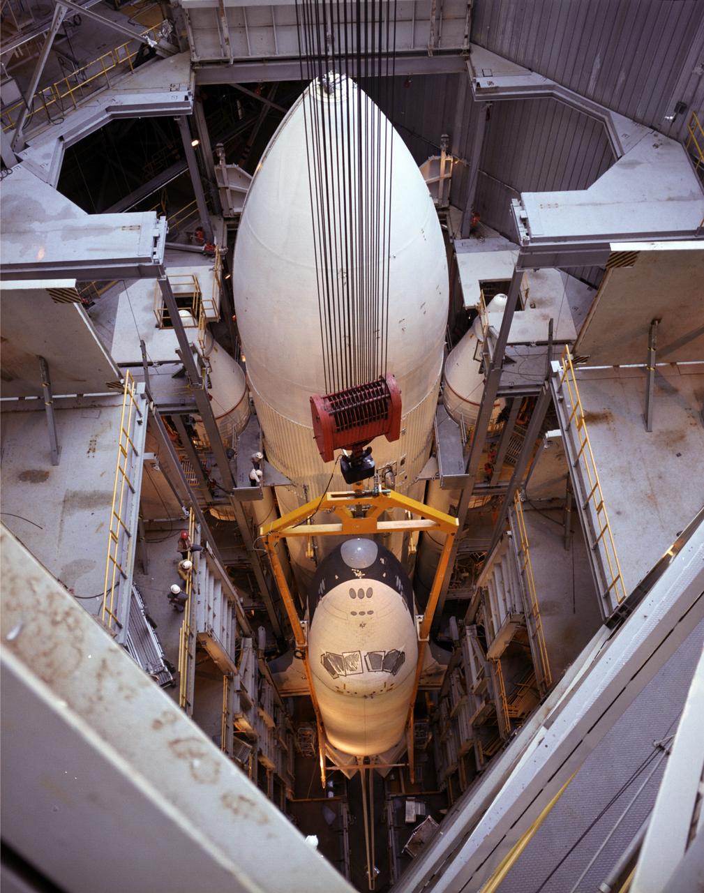 This photograph was taken at the Orbiter Enterprise installation, in its liftoff configuration, into the Marshall Space Flight Center Dynamic Test Stand for a Mated Vertical Ground Vibration Test (MVGVT).
