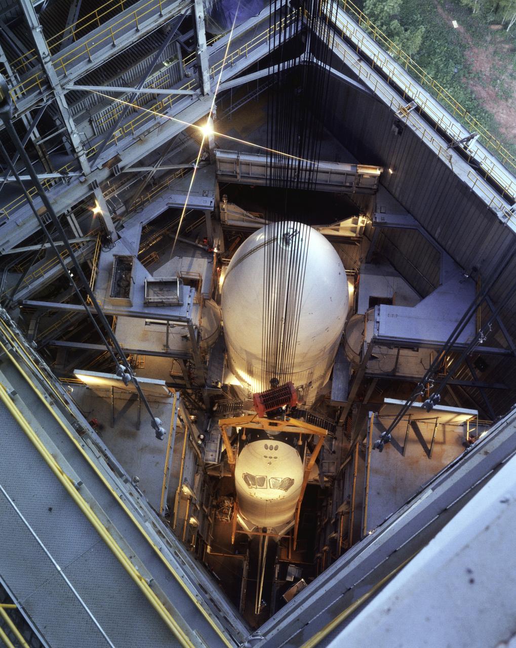 This photograph was taken of the Orbiter Enterprise installation, in its liftoff configuration, into the Marshall Space Flight Center Dynamic Test Stand for a Mated Vertical Ground Vibration Test (MVGVT).